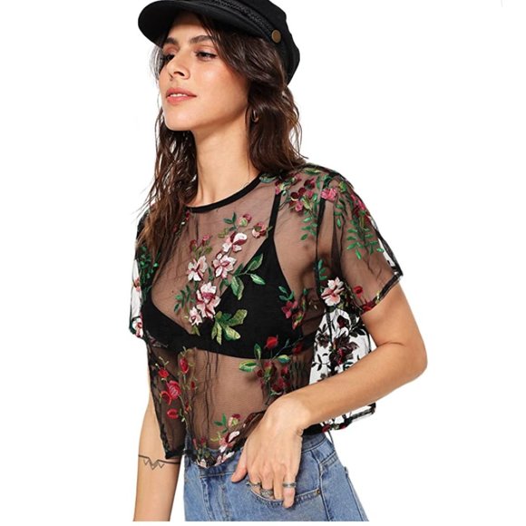 Black Floral Rose Embroidered Transparent Mesh Short Sleeve Crop Top - Picture 3 of 6